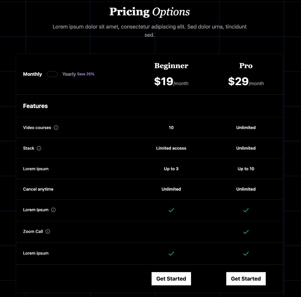 Pricing Table
